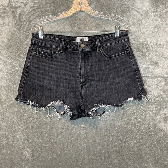 Paige Women Margot Silver City Destructed High Rise Black Denim Cut Off Short 31 - Picture 1 of 10
